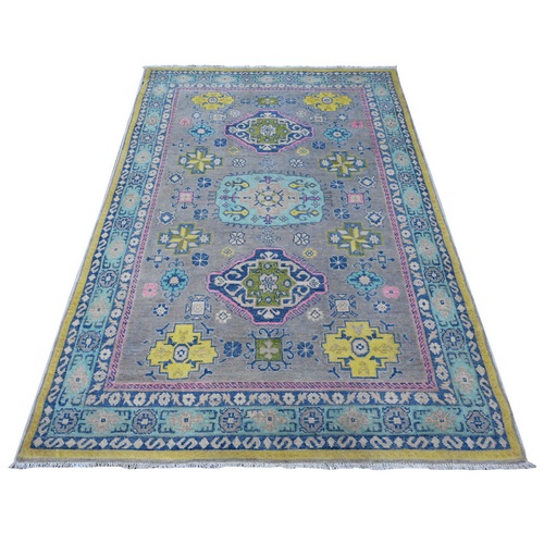 Old Silver Gray, All Over Colorful Caucasian Design, Hand Knotted, Soft And Shiny Wool, Fusion Kazak, Oriental Rug