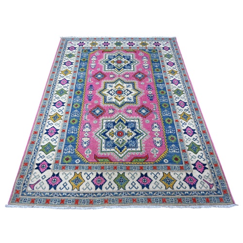Thulian Pink, Hand Knotted Caucasian Design, Vegetable Dyes, Colorful And Vibrant Fusion Kazak, Pure Wool, Oriental Rug