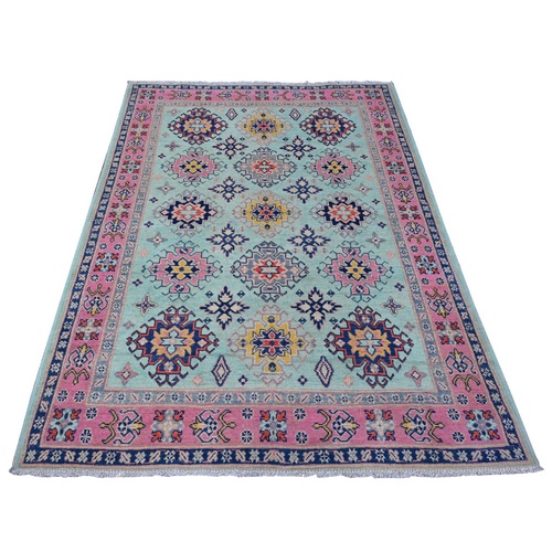 Powder Blue, Colorful Fusion Kazak, Natural Dyes, Caucasian All Over Design, Soft Wool, Hand Knotted, Oriental Rug