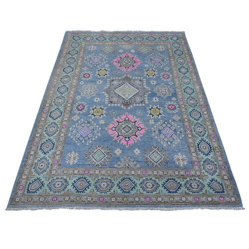 Queen Blue, Organic Wool, Hand Knotted, Vegetable Dyes, Fusion Kazak With All Over Caucasian Design, Oriental Rug