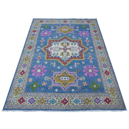 Air Superiority Blue, Pure And Shiny Wool, Caucasian Design With Large Centre Geometric Medallion, Hand Knotted, Fusion Kazak, Oriental Rug