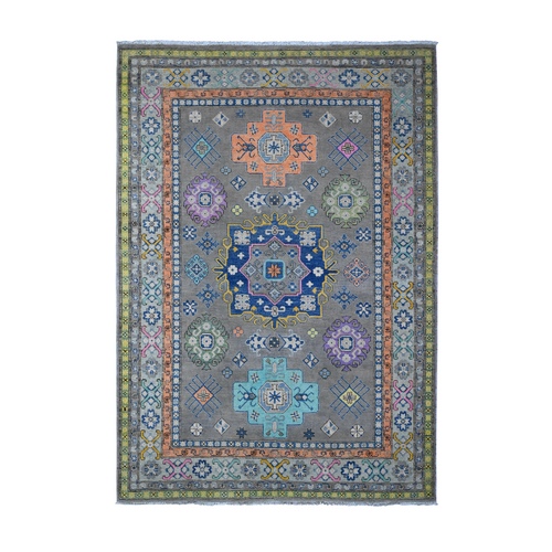 Battleship Gray, All Over Caucasian Design, Hand Knotted, Soft And Velvety Wool, Colorful Fusion Kazak, Oriental Rug