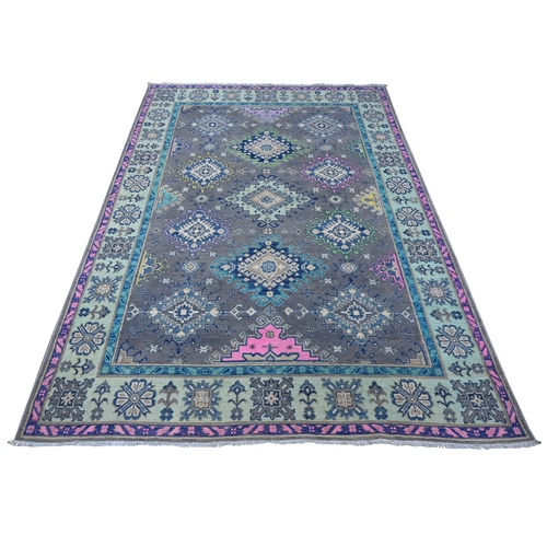 Dark Silver Gray, Hand Knotted Soft And Vibrant Wool, Vegetable Dyes With Colorful Caucasian Design, Fusion Kazak Oriental Rug