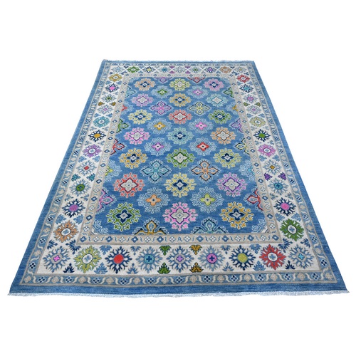 Ruddy Blue And Daisy White, All Over Colorful Caucasian Motifs Design, Natural Dyes, Hand Knotted, Fusion Kazak With Soft And Organic Wool, Oriental Rug