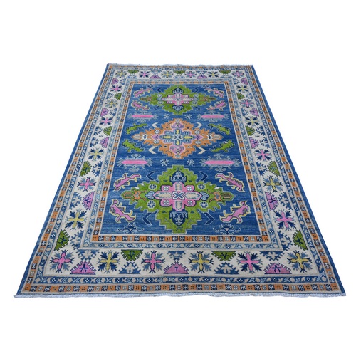 Chelsea Blue, Fusion Kazak With Soft And Shiny Wool, Colorful And Vibrant Caucasian Design, Natural Dyes, Hand Knotted Oriental Rug