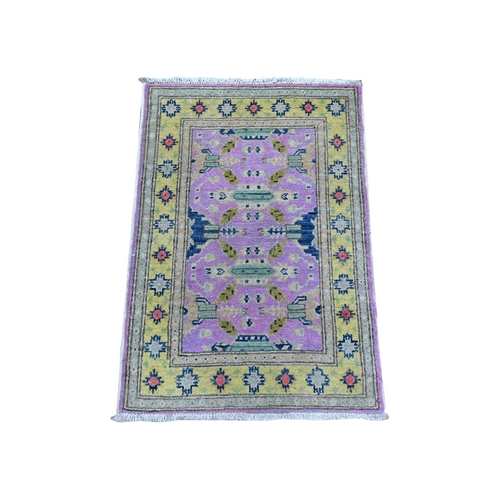 Medium Orchid Purple, Colorful Caucasian Design, Extra Soft Wool, Hand Knotted Fusion Kazak, Vegetable Dyes, Mat Oriental Rug