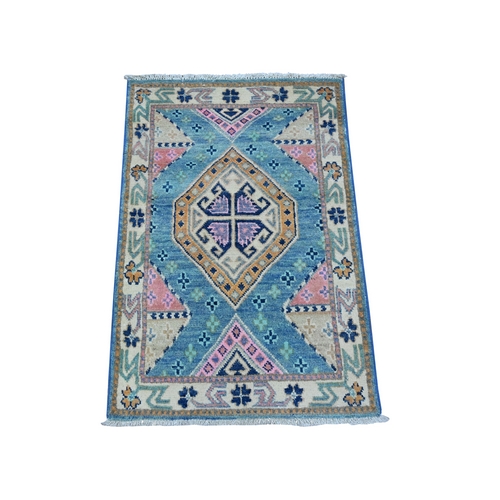 Lapis Blue, Hand Knotted Organic Wool, Bright And Colorful Caucasian Design, Fusion Kazak With Natural Dyes, Oriental Mat Rug