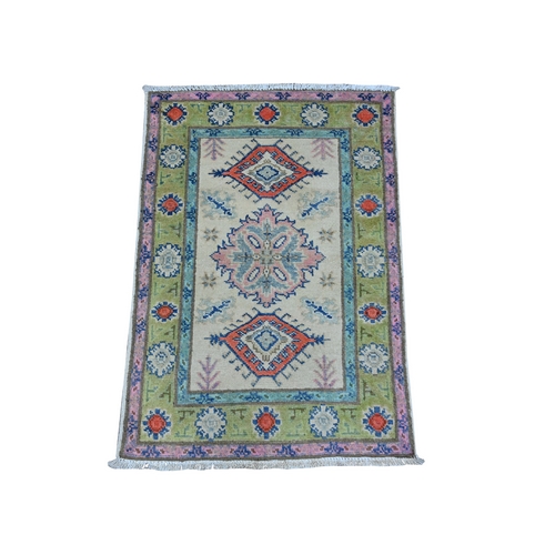White Gray And Moss Green, Vibrant Fusion Kazak, Hand Knotted, Pure Wool With Vegetable Dyes, Caucasian Design, Mat Oriental Rug
