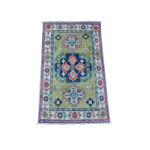 Sage Green, All Wool With Colorful Caucasian Design, Natural Dyes, Fusion Kazak, Hand Knotted Mat Oriental Rug