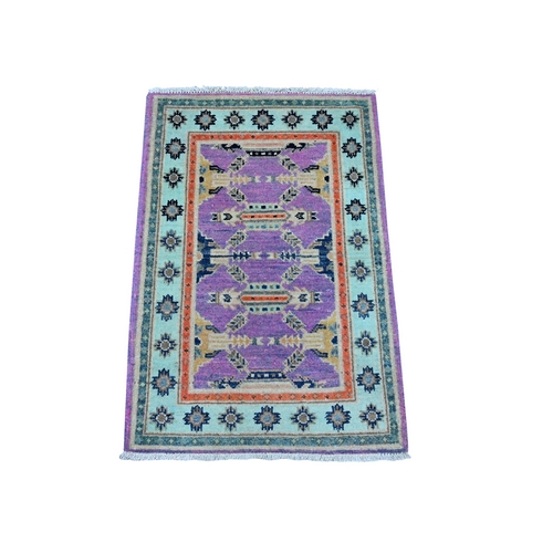 Purpureus Purple, Shiny And Soft Wool, Hand Knotted Caucasian All Over Design, Vegetable Dyes, Fusion Kazak Mat Oriental Rug