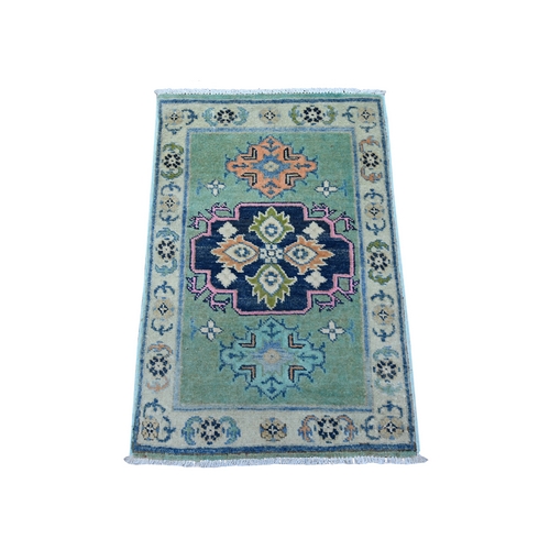 Amazon Green, Vegetable Dyes With Caucasian Design, Hand Knotted Fusion Kazak Mat, All Natural Wool Oriental Rug