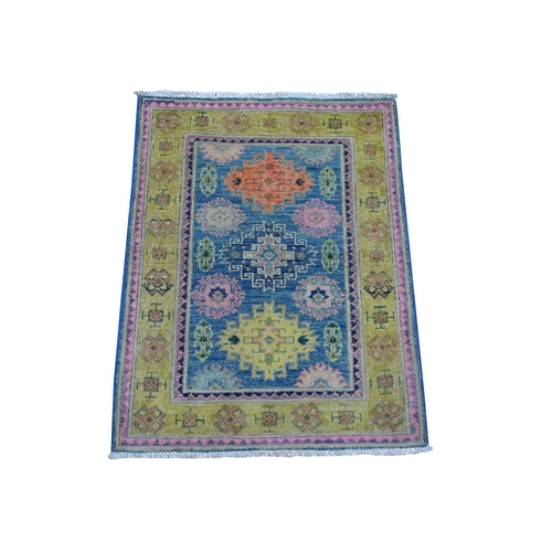 Medium Sapphire Blue, Vibrant Wool, Hand Knotted Caucasian Design, Fusion Kazak With Natural Dyes, Oriental Mat Rug