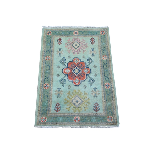 Uranian Blue, Caucasian Design Fusion Kazak, Vegetable Dyes, Hand Knotted With Soft And Velvety Wool, Mat Oriental Rug