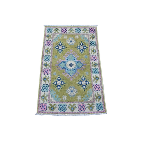 Fresh Olive Green, Vibrant Wool Hand Knotted, Caucasian Design With Flower Medallions, Bright Fusion Kazak, Mat Oriental Rug