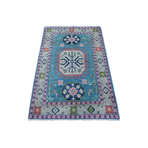 Marlin Blue, Vegetable Dyes, Caucasian Geometric Medallions All Over Design, Hand Knotted Silky And Shiny Wool, Fusion Kazak, Oriental Rug