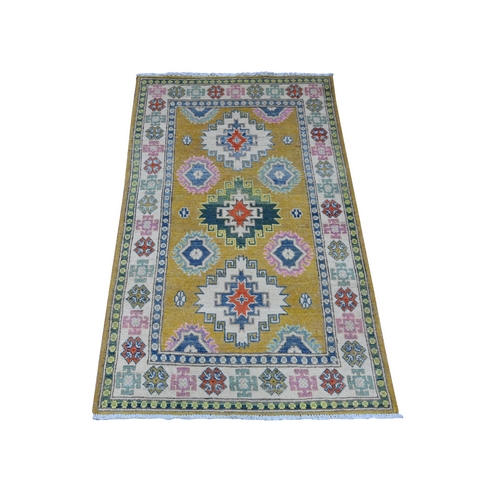 Dijon Gold, Hand Knotted With Caucasian Design, Velvety Wool, Colorful Fusion Kazak, Oriental Rug