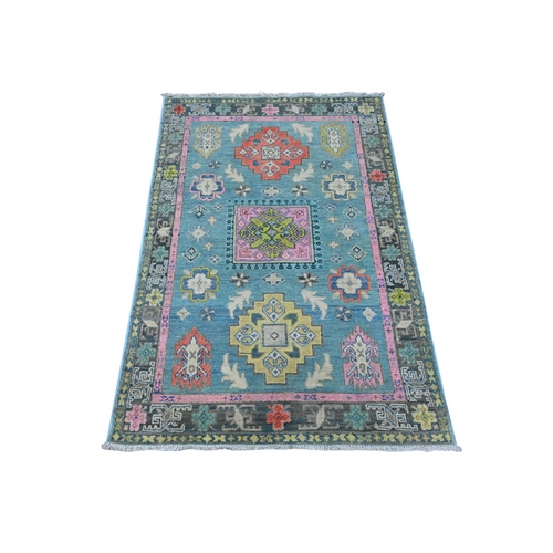 Air Force Blue, Vegetable Dyes With Colorful Caucasian Design, Fusion Kazak, Hand Knotted Natural Wool, Oriental Rug
