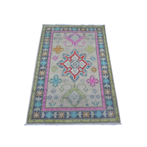Silk Gray, Soft And Shiny Wool, Hand Knotted, Caucasian Design, Colorful Fusion Kazak, Natural Dyes, Oriental Rug