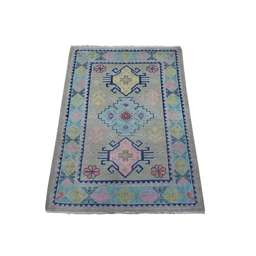 Thunder Gray, Colorful Caucasian All Over Design, Hand Knotted Fusion Kazak, Pure And Soft Wool, Oriental Rug