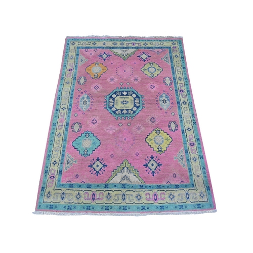 Mulberry Pink, Hand Knotted Organic Wool, Natural Dyes With Vibrant Caucasian Medallions All Over Design, Fusion Kazak Oriental Rug