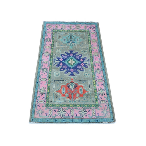 Stone Gray, Soft And Velvety Wool, Hand Knotted Caucasian Design, Vibrant Fusion Kazak, Oriental Rug