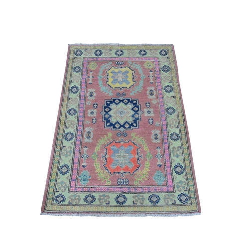 Rosy Peach Pink, All Over Caucasian Design, Colorful Fusion Kazak, Hand Knotted, Soft And Shiny Wool, Oriental Rug