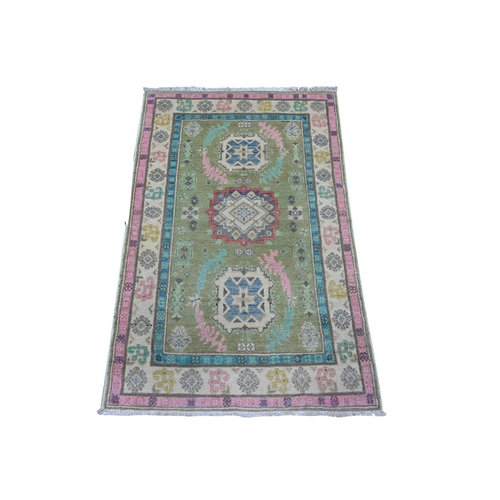 Artichoke Green, Hand Knotted, Caucasian All Over Design, Colorful Fusion Kazak, All Natural Wool Oriental Rug