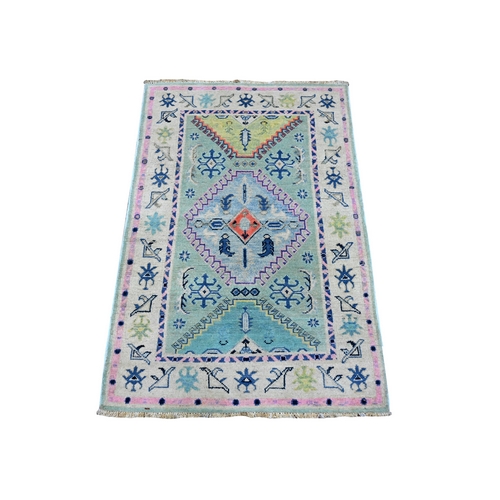 Celadon Green, Vegetable Dyes With Caucasian Design, Soft Wool Fusion Kazak, Hand Knotted Mat Oriental Rug