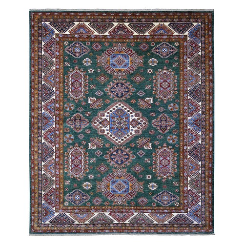 Myrtle Green With Pearly White Border, All Over Tribal Elements, All Wool, Hand Knotted Natural Dyes, Afghan Super Kazak Oriental Rug