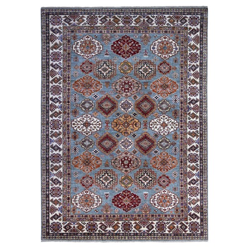 Normandy Gray With Ivory Border, Hand Knotted All Over Tribal and Geometric Motifs, Velvety Wool, Natural Dyes, Afghan Super Kazak Oriental Rug