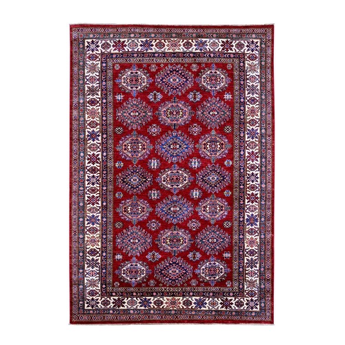 Hot Ember Red, Organic Wool, Hand Knotted Super Kazak All Over Tribal Geometric Medallions, Vegetable Dyes, Oriental Rug