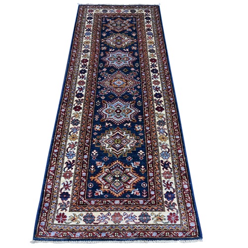 Denim Blue and Mist White, Soft Natural Wool, Hand Knotted Super Kazak with Tribal Medallions Runner Oriental Rug