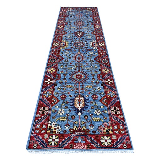 Olympic Blue, Super Kazak with Geometric Medallion Design, Hand Knotted 100% Wool, Vegetable Dyes, Runner Oriental Rug
