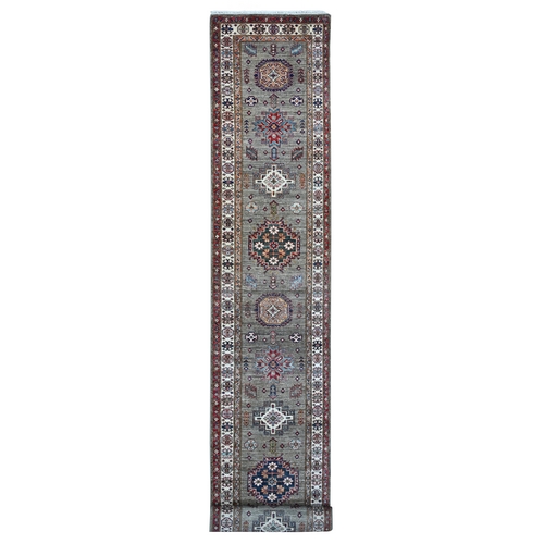Battleship Gray, Hand Knotted Afghan Super Kazak with All Over Motifs, Natural Dyes, Extra Soft Wool XL Runner Oriental Rug