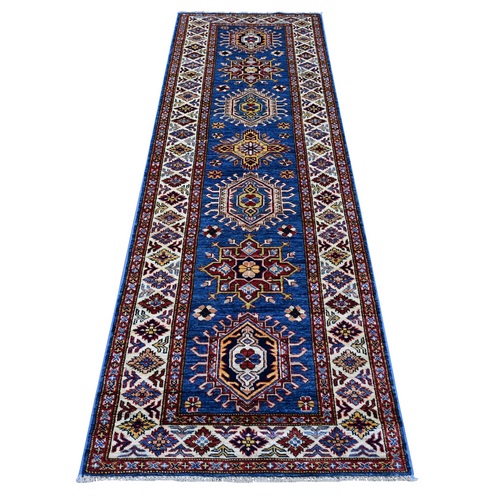 Ribbon Blue, Hand Knotted Afghan Super Kazak with All Over Motifs, Natural Dyes, Extra Soft Wool XL Runner Oriental Rug