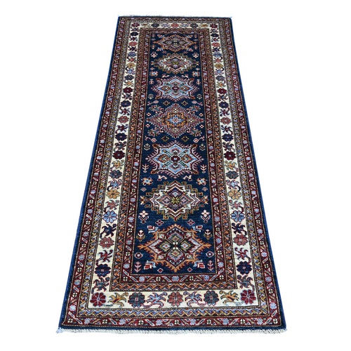 Night Blue, Soft Wool, Hand Knotted Afghan Super Kazak with Geometric Design, Vegetable Dyes, Runner Oriental Rug