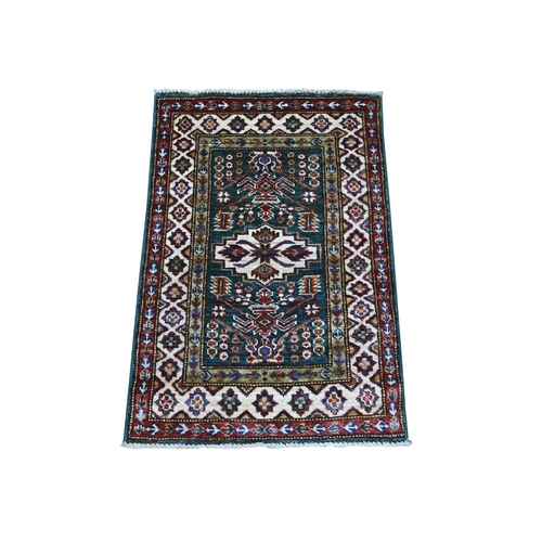 Midnight Green, Vibrant and Soft Wool Hand Knotted, Super Kazak with Geometric Design Natural Dyes, Mat Oriental Rug
