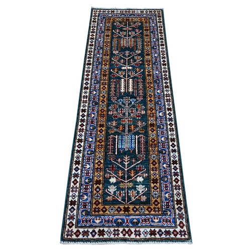 Sacramento Green and Royal Blue, Velvety Wool, Natural Dyes, Hand Knotted Willow And Cypress Tree Design, Afghan Angora Oushak, Runner Oriental Rug