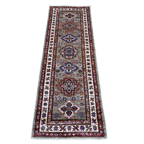 Squirrel Gray, Hand Knotted Vibrant Wool, Afghan Super Kazak With Geometric Motifs, Natural Dyes, Runner Oriental Rug