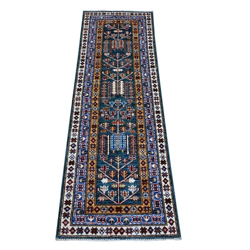 Pine Green, Hand Knotted, Soft to the Touch, Colorful Afghan Oushak Angora Runner with Willow and Cypress Tree Design, Shiny Wool, Vegetable Dyes, Oriental Rug