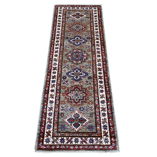 Cloud Gray, Vegetable Dyes, Afghan Super Kazak with Geometric Design, Shiny Wool, Hand Knotted Runner Oriental Rug