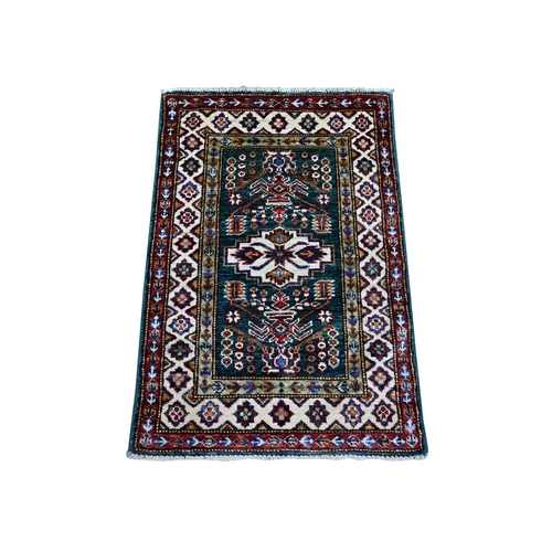 Brunswick Green With Breeze White, Afghan Super Kazak with Medallions Design, Velvety Plush Wool Hand Knotted Oriental Mat Rug
