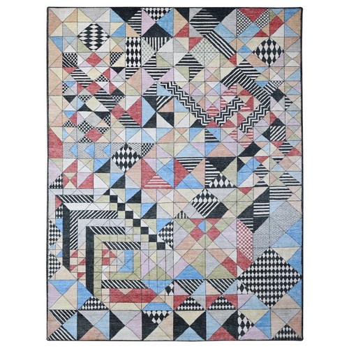 Multicolored, Bauhaus Inspired Geometric All Over Squares Pattern 100% Wool Hand Knotted Oriental Rug