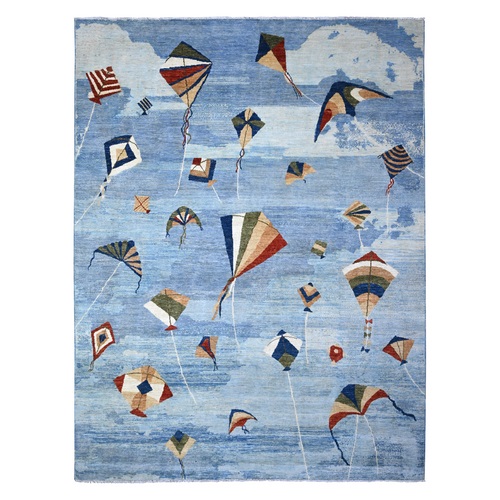 Glaucous Blue, Kites In The Sky, Peshawar, Natural Wool, Borderless Hand Knotted, Oriental Rug