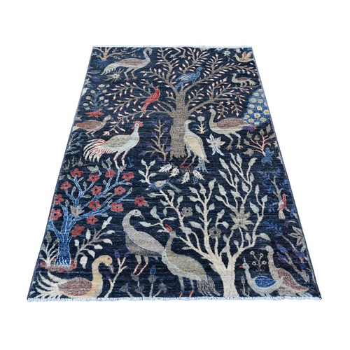 Stratos Blue, Hand Knotted With Borderless Birds of Paradise Design, Soft Wool, Vegetable Dyes, Afghan Peshawar Wide Runner Oriental Rug