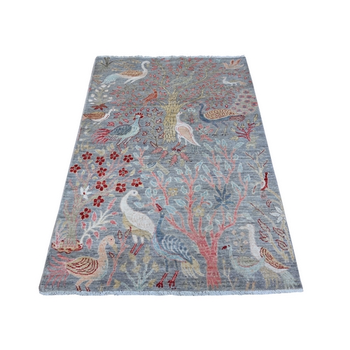 Accord Gray, Afghan Peshawar, Birds of Paradise Design, Tree of Life, Abrash, Pure Wool, Hand Knotted, Natural Dyes, Oriental Rug