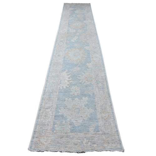 Denim Blue, Rural Floral Elements All Over Design, Hand Knotted, Wool Weft, Natural Dyes, Soft Pile, Afghan Angora Oushak, Runner Oriental 