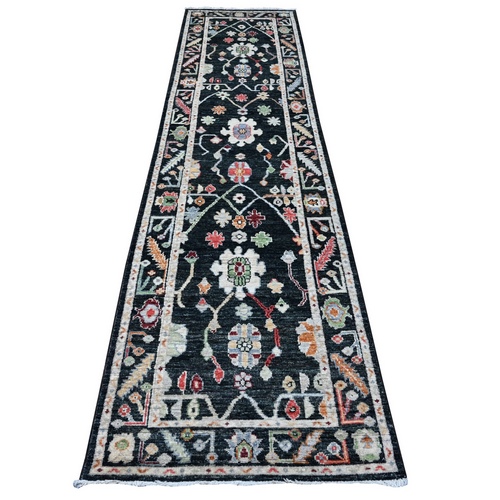 Eerie Black, Hand Knotted With Wool Weft, Colorful Tribal Flower And Leaf Design All Over, Vegetable Dyes, Angora Oushak, Runner Oriental 