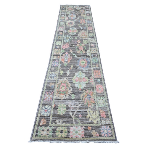 Nevada Gray, Vegetable Dyes, Hand Knotted with Wool Weft, Colorful Village Motifs All Over Design, Afghan Angora Oushak, Runner Oriental 