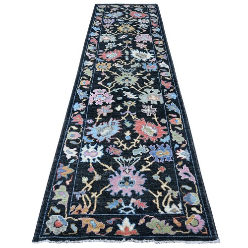 Midnight Black, Wool Foundation, Natural Dyes, Vibrant Tribal Flower And Leaf Design, Hand Knotted, Afghan Angora Oushak, Runner Oriental 